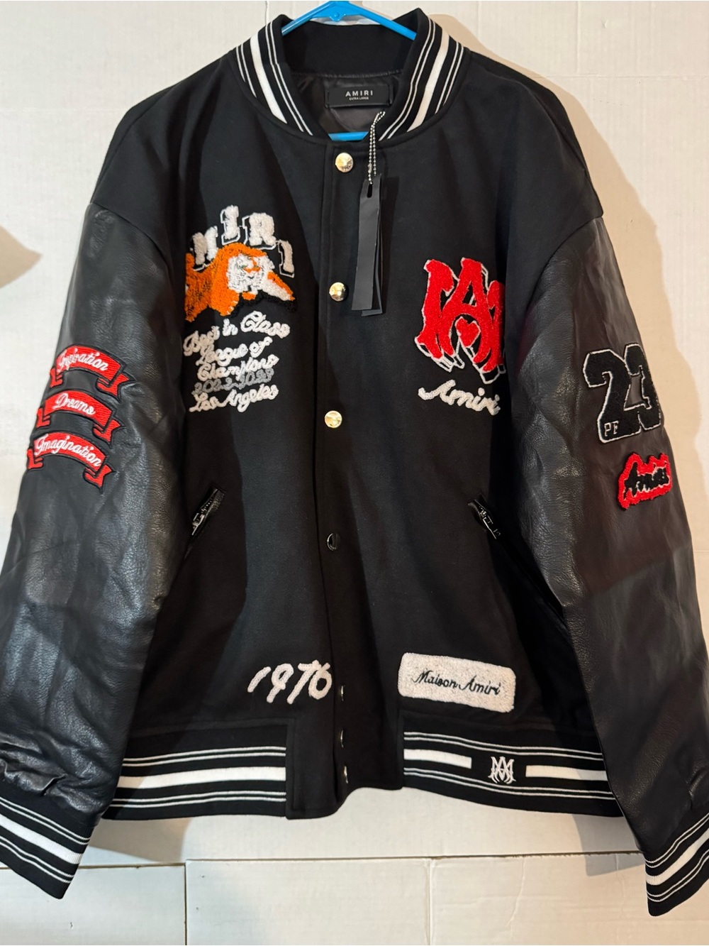 AMIRI Men’s Black Varsity Jacket with Logo Patch, Tiger Design Mens Size XL NWT